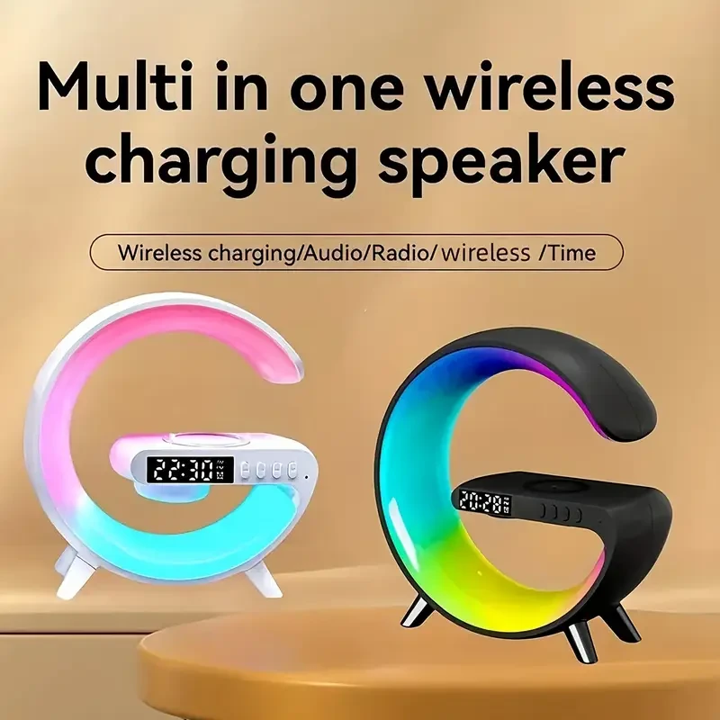 Wireless Sunrise Alarm Clock with Wireless Speaker - RGB Ambient Light, Fast Charging, Rechargeable Lithium-Polymer Battery, Dual Power Mode (USB/Battery), Button Control, Audio Output - Perfect for B